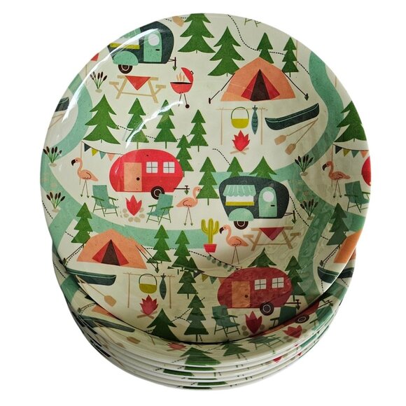 Lot of 7 Melamine 7.5" Bowls Camping Flamingo Tent RV Canoe Trees Grill Fire - Picture 1 of 4